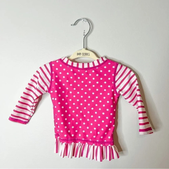 Ruffle Butts Pink Polka Dot Stripe Baby Swim Top - Picture 2 of 4